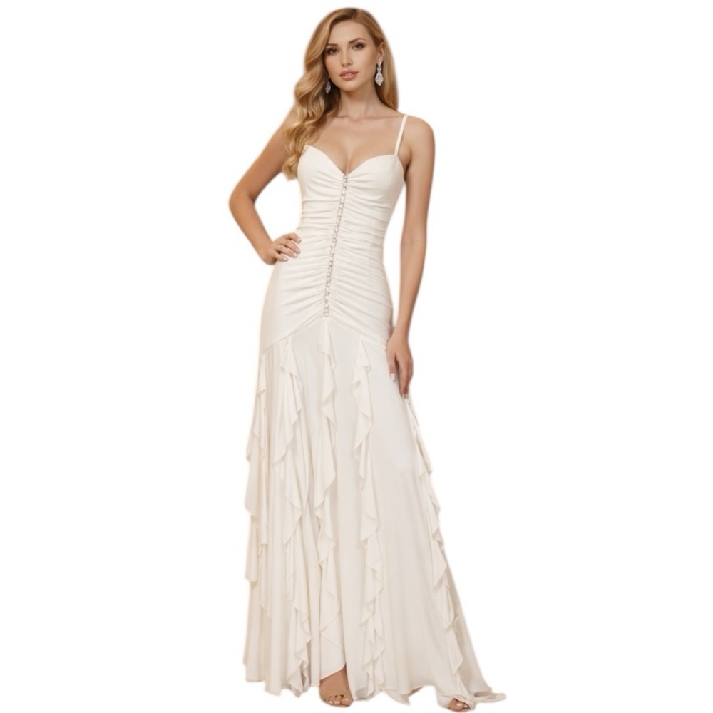 Bari Jay White Romantic Embellished Ruched Ruffle Maxi Evening Dress Size 10